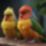 A vibrant array of pet birds perched together, showcasing their diverse species and colors.