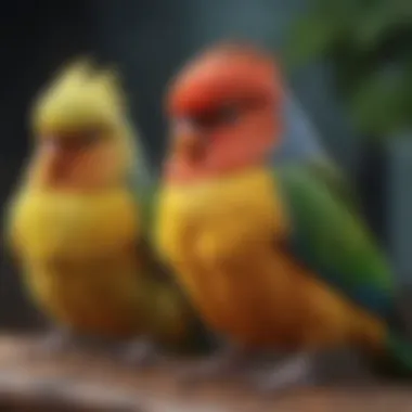 A vibrant array of pet birds perched together, showcasing their diverse species and colors.