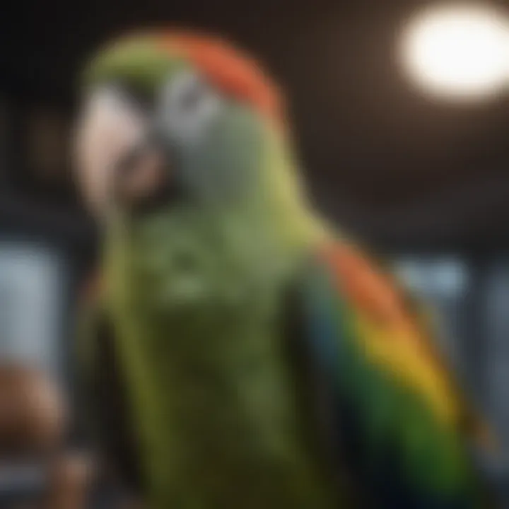 A parrot perched with clipped wings