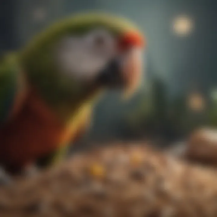 A close-up of a parrot examining organic bird food