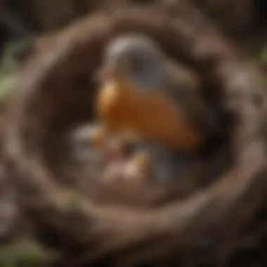 An adult bird caring for its young in the nest