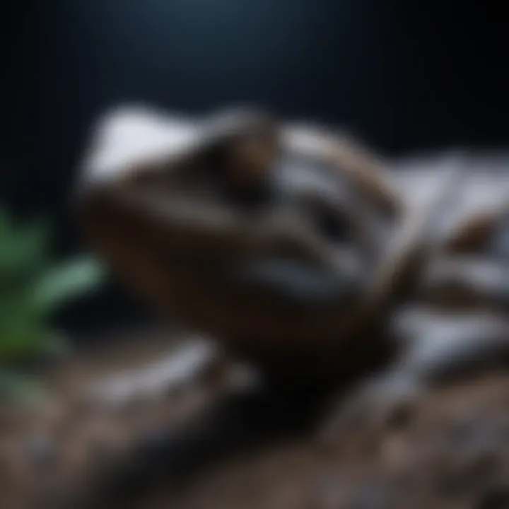 A close-up of a reptile basking under black light