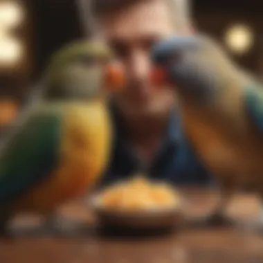 A pet bird interacting with its owner