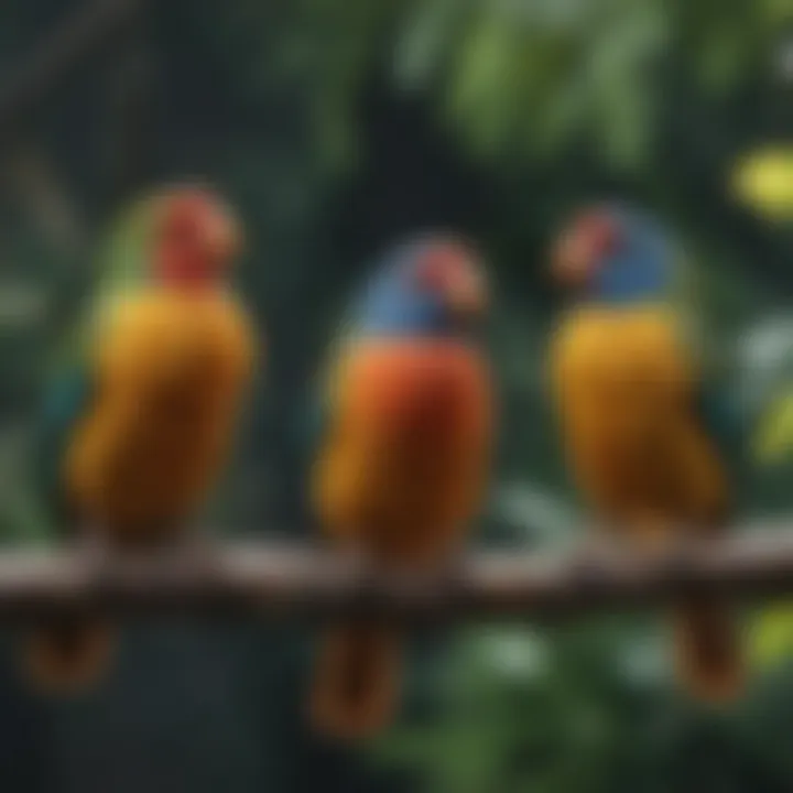 Colorful pet birds perched on a branch