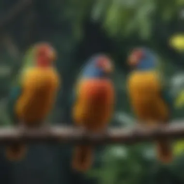 Pet Birds Enjoying Their Environment Colorful pet birds perched on a branch