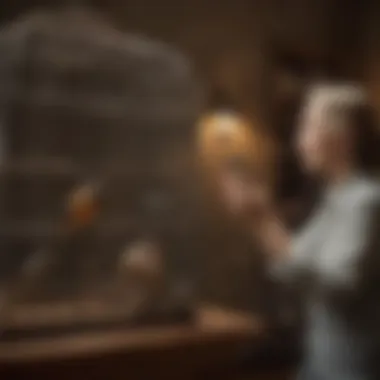 Bonding Time: Owner and Pet in a Spacious Cage Bird owner interacting with their pet in a long cage