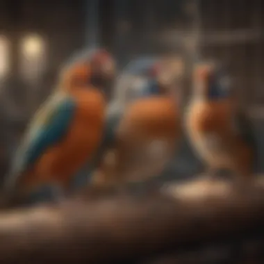 Diverse Avian Companions in a Long Cage A variety of bird species enjoying their spacious habitat