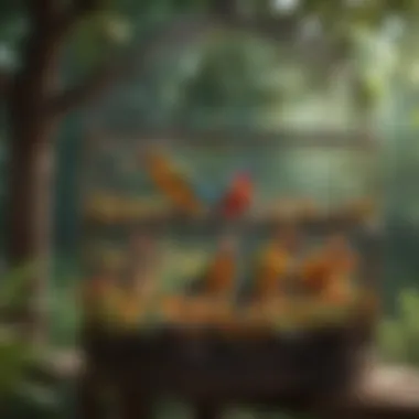 Colorful Bird Haven in an Outdoor Cage A vibrant outdoor bird cage filled with colorful birds basking in natural sunlight