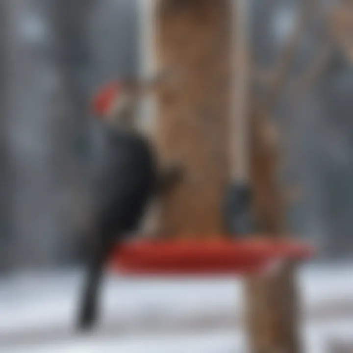 A vibrant pileated woodpecker perched on a suet feeder