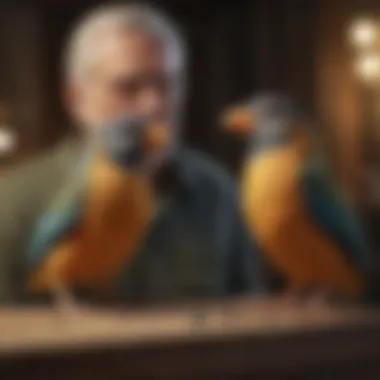Owner and Pet Bird Interaction Bird owner observing and interacting with a pet bird