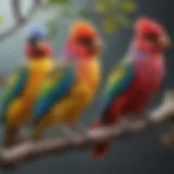 Colorful pet birds perched on a branch, showcasing their vibrant plumage.