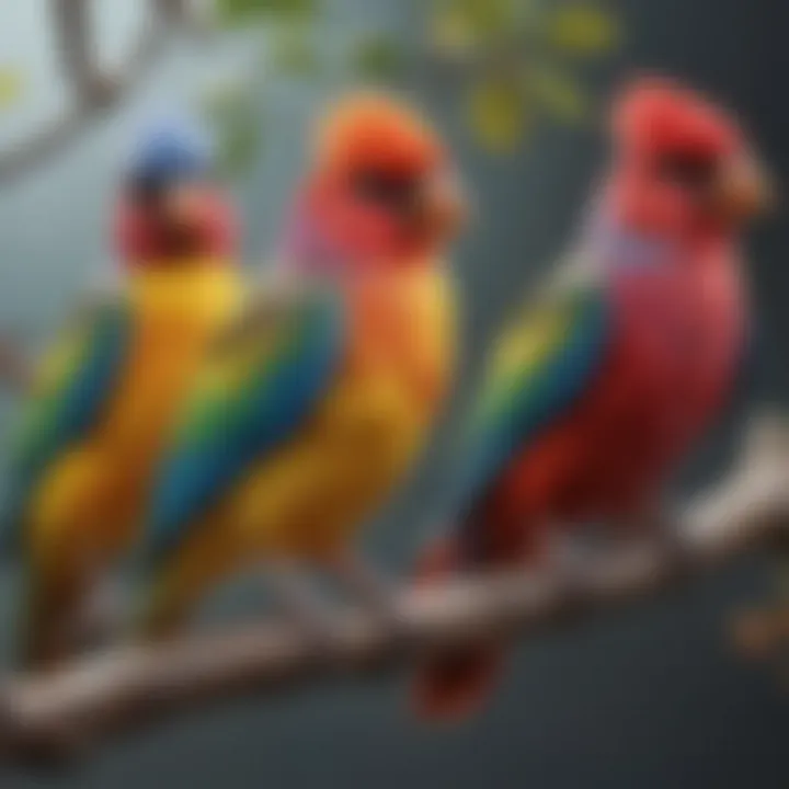 Colorful pet birds perched on a branch, showcasing their vibrant plumage.