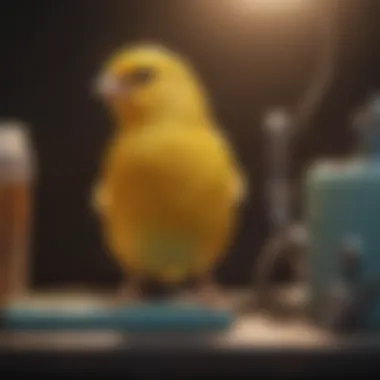 A canary perched protectively near its owner's medical equipment