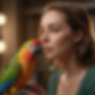 A joyful interaction between a parrot and its owner, showcasing their bond