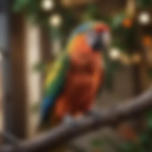 A vibrant parrot perched on a branch showcasing its colorful feathers