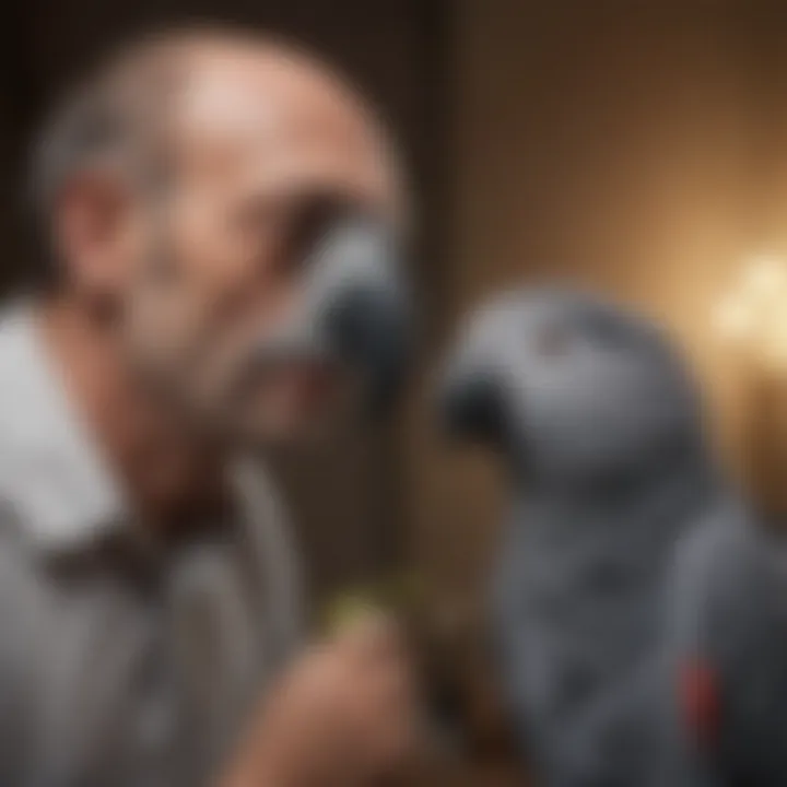 An African Grey parrot engaging with its owner in a playful interaction.