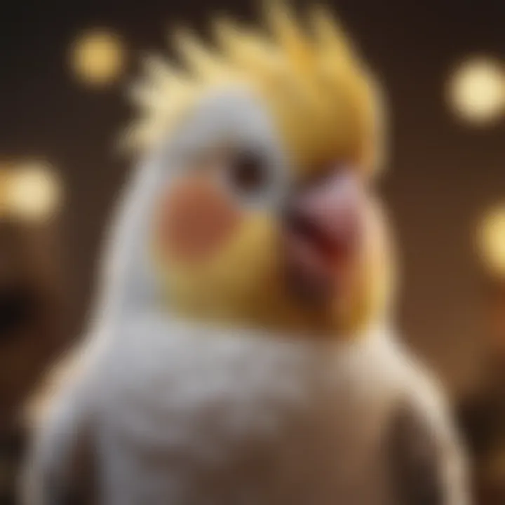 A close-up of a cockatiel communicating with a toy.