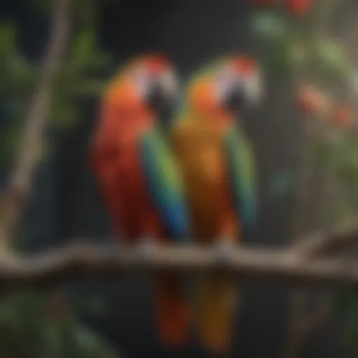 A vibrant parrot perched on a branch, showcasing its impressive plumage.