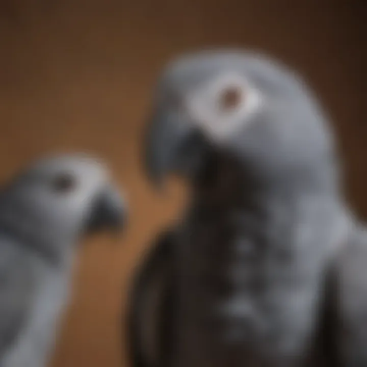 Close-up of a Timneh African Grey Parrot interacting with its owner