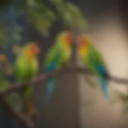 Colorful parakeets perched on a branch