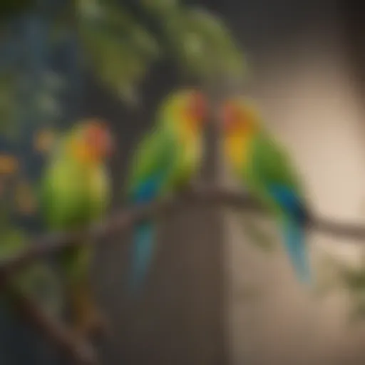 Colorful parakeets perched on a branch