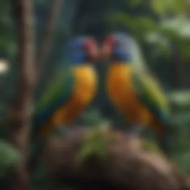 Tropical birds perched on a tree branch outside