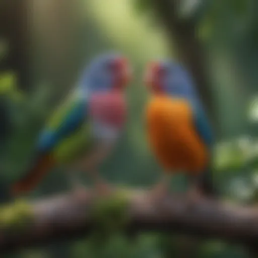 Two colorful pet birds perched on a branch