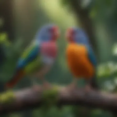 The Beauty of Two Birds Together Two colorful pet birds perched on a branch