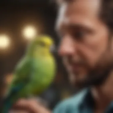 A playful budgerigar interacting with its owner.