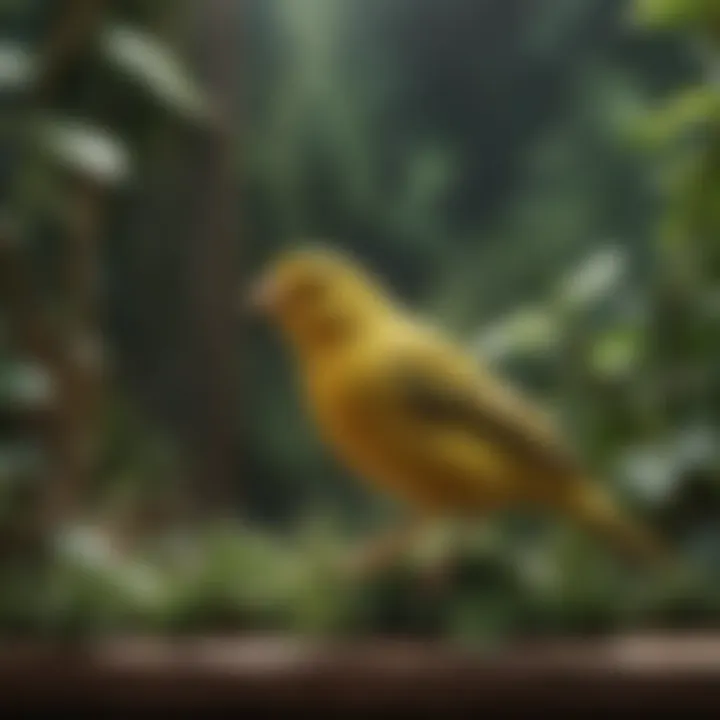 A serene canary in its cage, surrounded by fresh greenery.