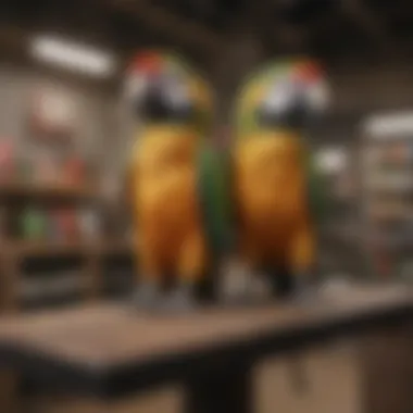 Various types of large parrot perch stands displayed in a pet store