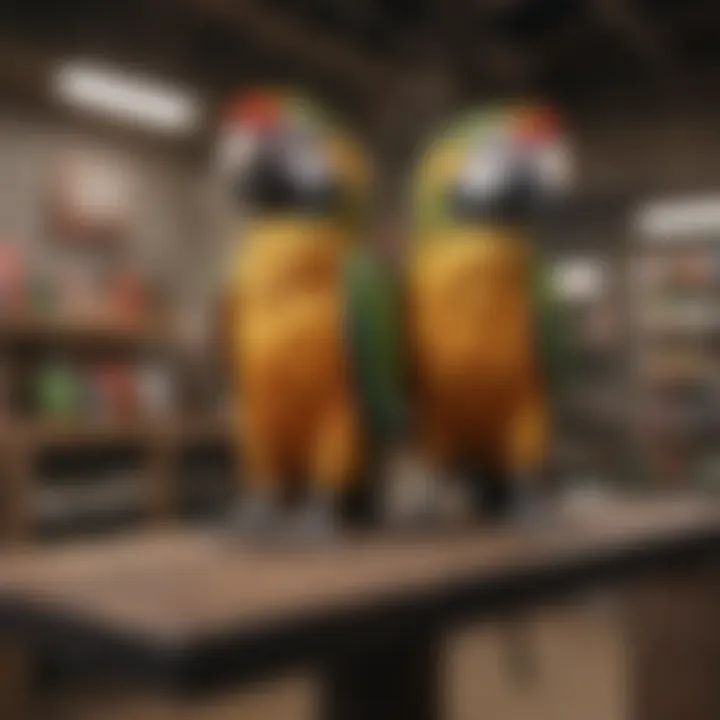 Various types of large parrot perch stands displayed in a pet store