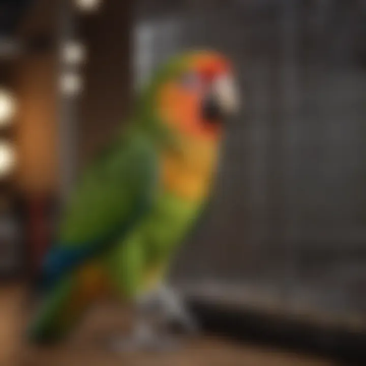 A pet owner engaging in maintenance of an A & E parrot cage