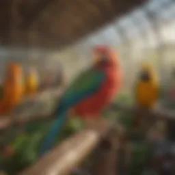 A vibrant aviary filled with diverse bird species showcasing their natural behaviors.
