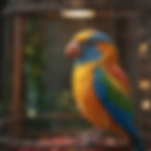 A close-up of a colorful bird perched on a beautifully designed A&E bird cage cover.