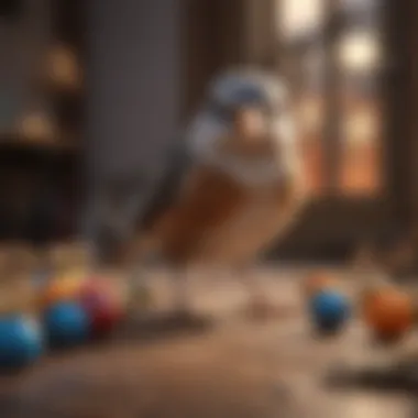 A bird playing with toys