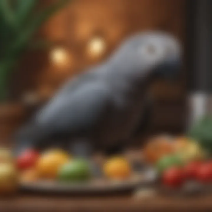 A variety of nutritious foods prepared for the African Gray parrot.