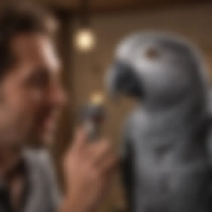 An African Gray parrot interacting with its owner, demonstrating social behavior.