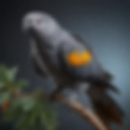 An African Gray parrot perched on a branch, showcasing its vibrant plumage.