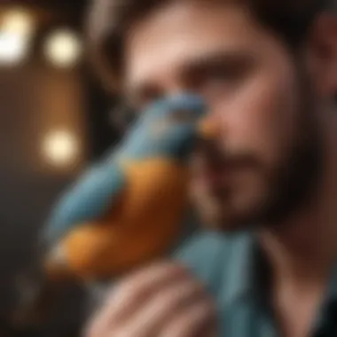 Bird owner observing their pet bird