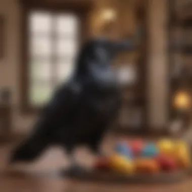 A cozy indoor setup featuring a raven engaging with its toys.