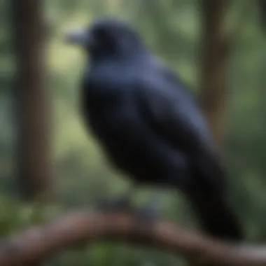 A raven perched on a branch, showcasing its glossy feathers and keen eyes.