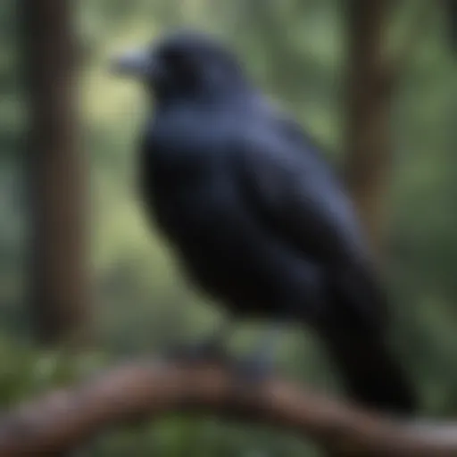 A raven perched on a branch, showcasing its glossy feathers and keen eyes.