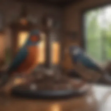 An array of small pet birds interacting in a cozy home environment