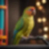 A vibrant parakeet perched on a colorful playstand