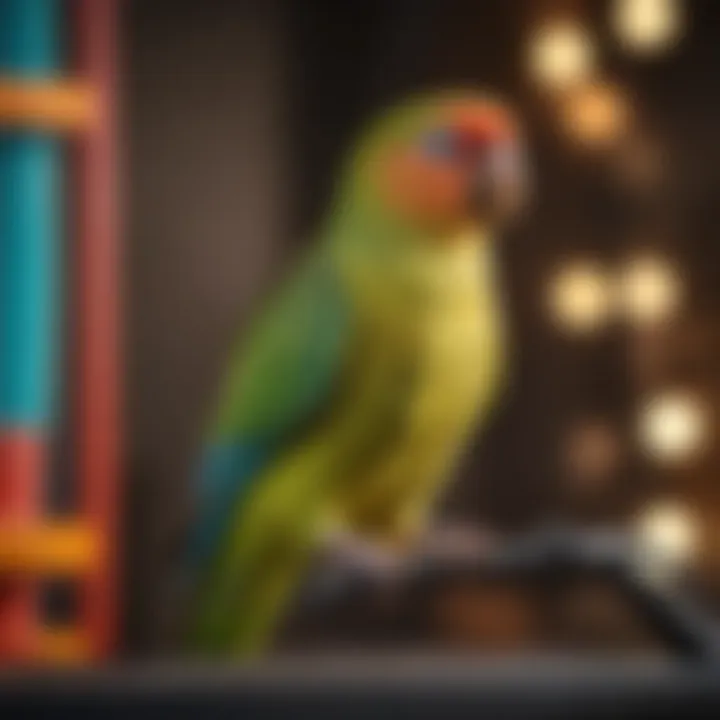 A vibrant parakeet perched on a colorful playstand