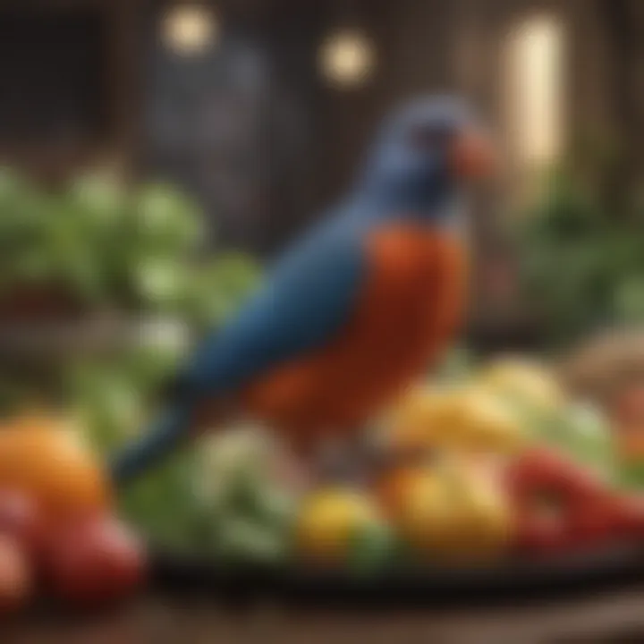 Fresh fruits and vegetables arranged for pet birds.