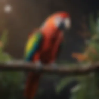 A vibrant parrot perched on a branch showcasing its colorful feathers