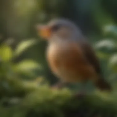 A close-up of a songbird singing melodiously in a lush garden