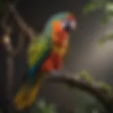 A vibrant parrot perched on a branch, showcasing its colorful feathers.